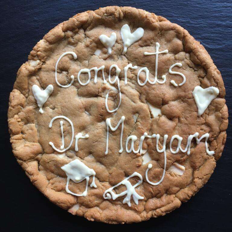 Personalised Giant Cookie - White Chocolate Chip 26 White Chocolate Giant Cookie Congratulations Graduation mortarboard hat and scroll Dr celebration Gift