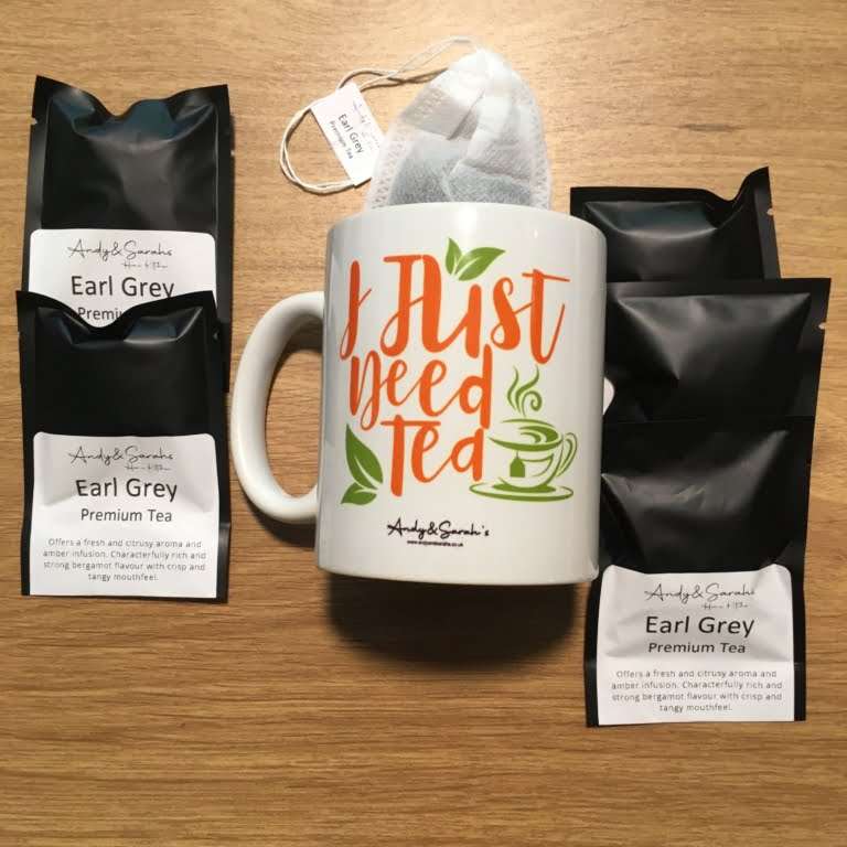 Individually wrapped and sealed tea bags with custom mug cup gift set