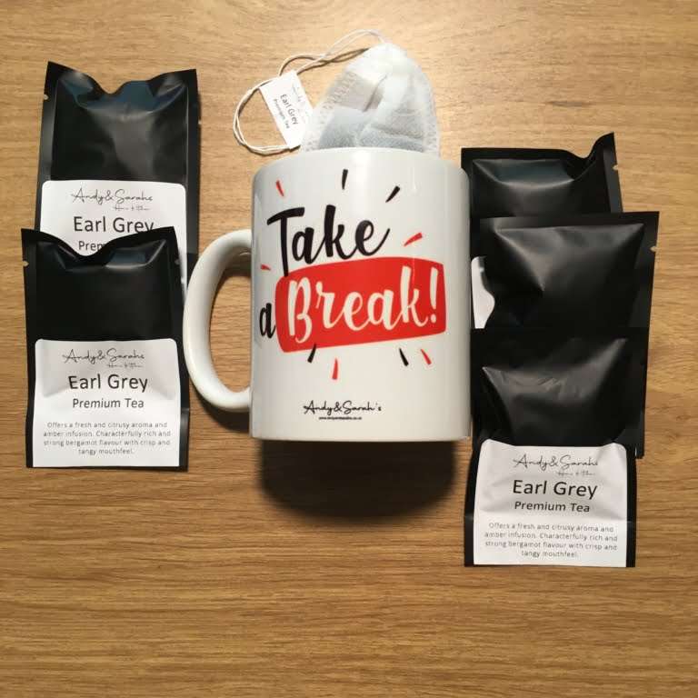 Individually wrapped and sealed tea bags with custom mug cup gift set