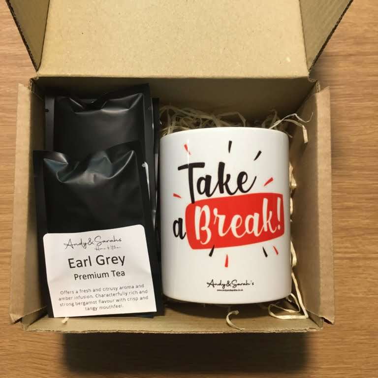 Individually wrapped and sealed tea bags with custom mug cup gift set