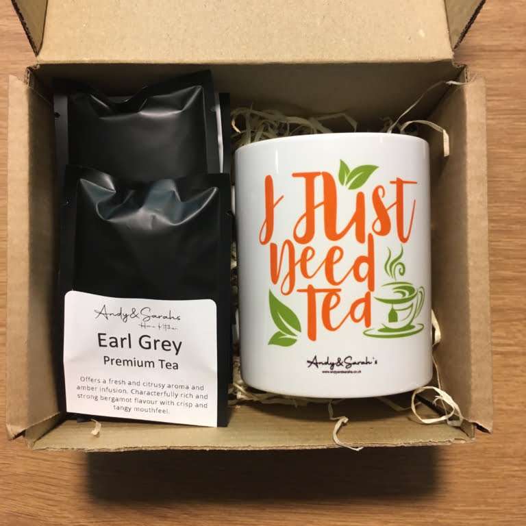 Individually wrapped and sealed tea bags with custom mug cup gift set