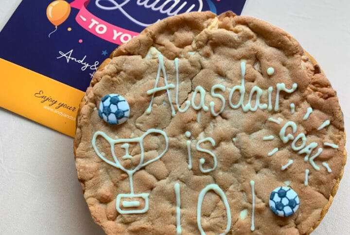 Football Themed Giant Birthday Cookie- NAME-is-AGE- double chocolate celebration cookie cake