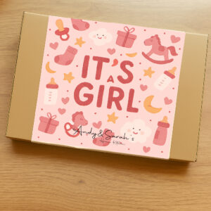 Its a girl baby new born gifts giant personlised cookies and brownies with hand made fudge